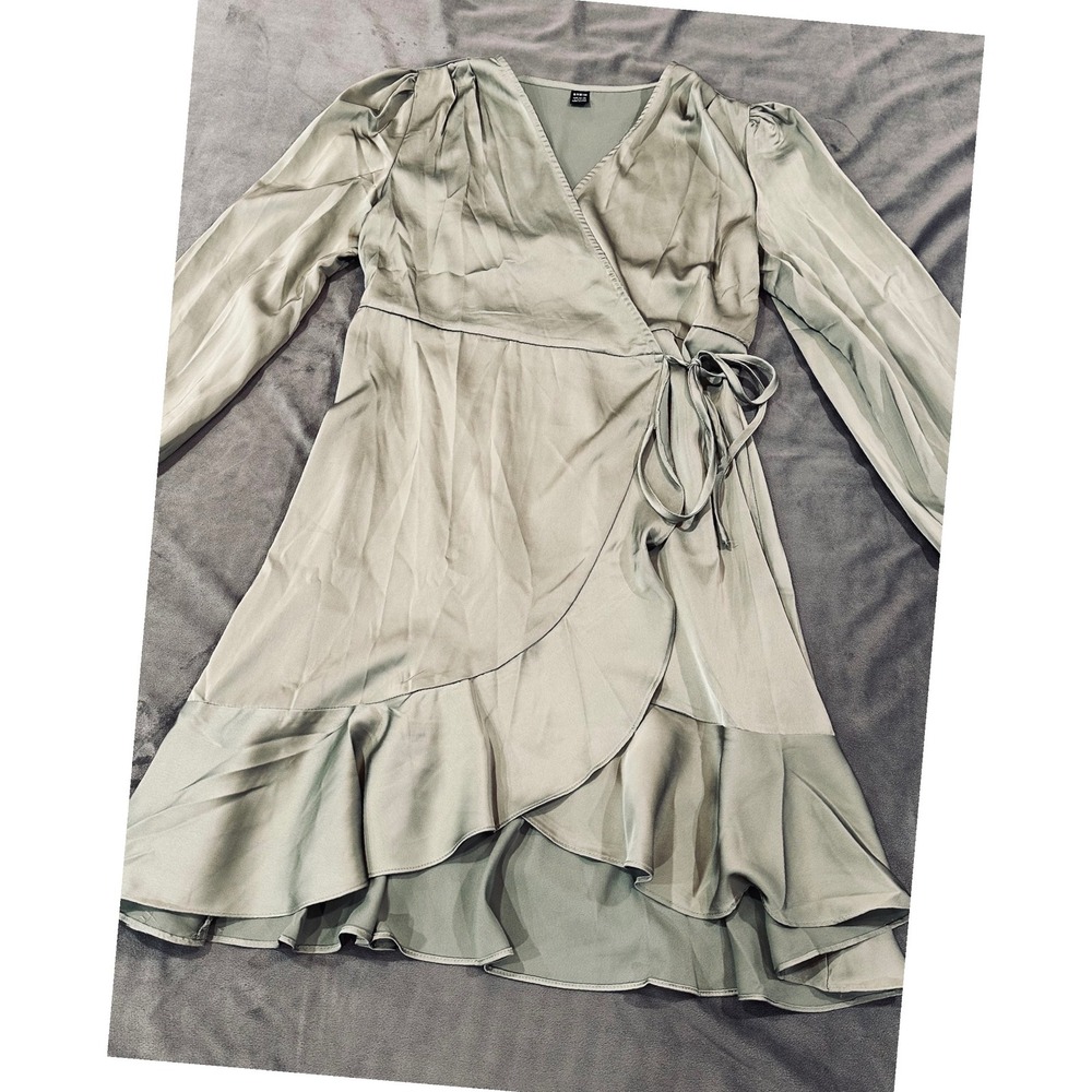 SHEIN Sage Green Satin Wrap Dress Long Balloon Sleeve Ruffle Large